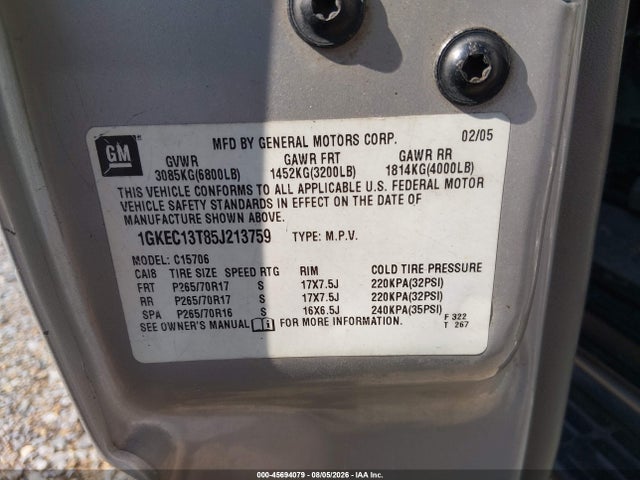 Aukcja sprzedaży 2005 Gmc Yukon Slt, vin: 1GKEC13T85J213759, numer aukcji: 45694079