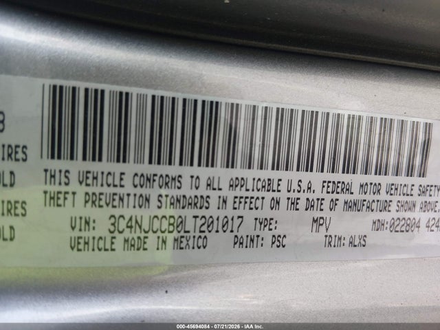 45694084 :رقم المزاد ، 3C4NJCCB0LT201017 vin ، 2020 Jeep Compass Limited Fwd مزاد بيع