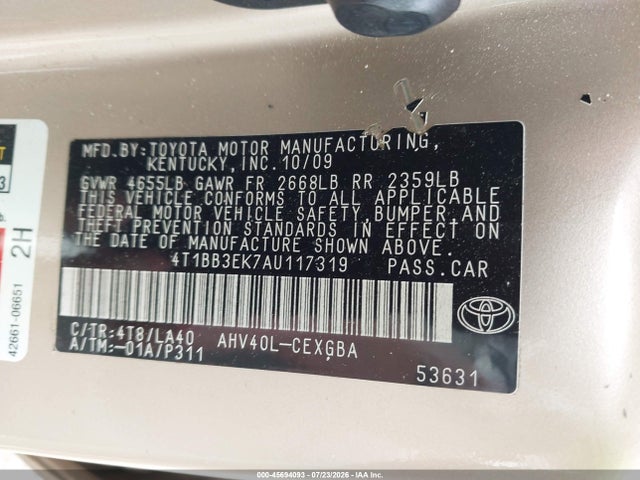 2010 Toyota Camry Hybrid მანქანა იყიდება აუქციონზე, vin: 4T1BB3EK7AU117319, აუქციონის ნომერი: 45694093