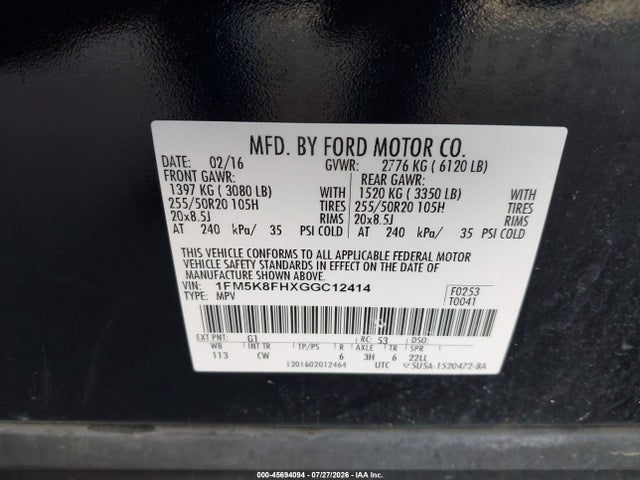 Продажа на аукционе авто 2016 Ford Explorer Limited, vin: 1FM5K8FHXGGC12414, номер лота: 45694094