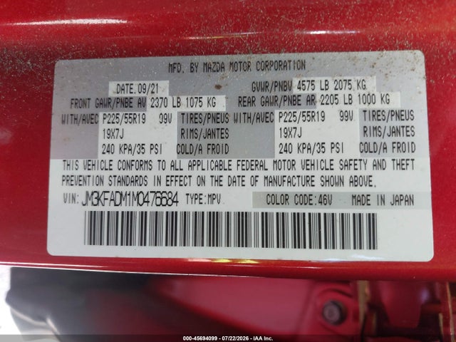 Aukcja sprzedaży 2021 Mazda Cx-5 Grand Touring, vin: JM3KFADM1M0476684, numer aukcji: 45694099