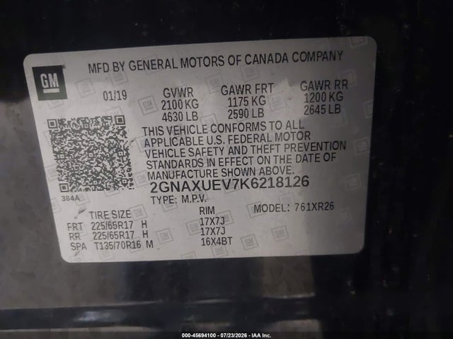 2019 Chevrolet Equinox Lt მანქანა იყიდება აუქციონზე, vin: 2GNAXUEV7K6218126, აუქციონის ნომერი: 45694100