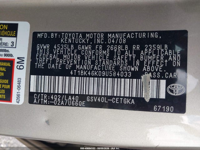 Aukcja sprzedaży 2009 Toyota Camry Xle V6, vin: 4T1BK46K09U584033, numer aukcji: 45694103