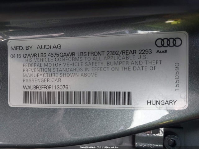 2015 Audi A3 2.0t Premium მანქანა იყიდება აუქციონზე, vin: WAUBFGFF0F1130761, აუქციონის ნომერი: 45694108