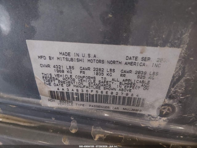 Aukcja sprzedaży 2006 Mitsubishi Galant Es/se, vin: 4A3AB36F56E027084, numer aukcji: 45694109
