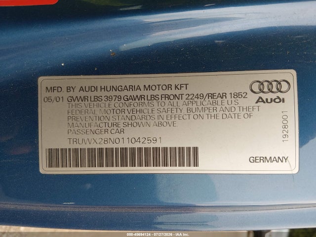 2001 Audi Tt მანქანა იყიდება აუქციონზე, vin: TRUWX28N011042591, აუქციონის ნომერი: 45694124