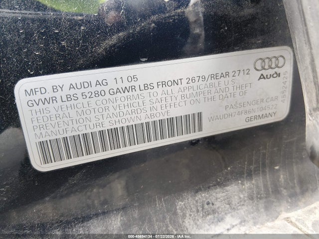 45694134 :رقم المزاد ، WAUDH74F86N104522 vin ، 2006 Audi A6 3.2 مزاد بيع
