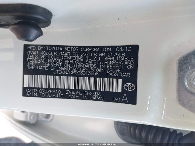 Продажа на аукционе авто 2012 Toyota Prius Plug-in, vin: JTDKN3DP0C3013658, номер лота: 45694135