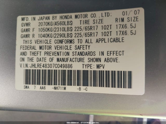 45694141 :رقم المزاد ، JHLRE48307C049886 vin ، 2007 Honda Cr-v Lx مزاد بيع