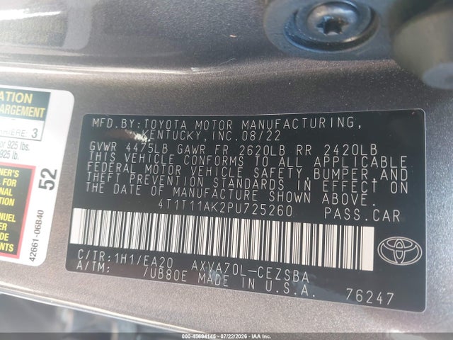 2023 Toyota Camry Se მანქანა იყიდება აუქციონზე, vin: 4T1T11AK2PU725260, აუქციონის ნომერი: 45694145