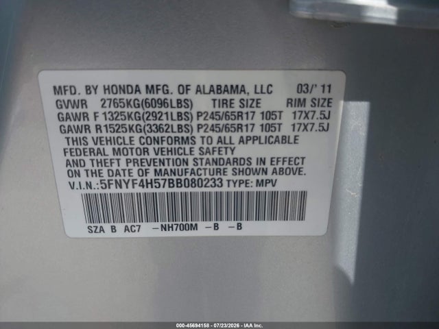 45694158 :رقم المزاد ، 5FNYF4H57BB080233 vin ، 2011 Honda Pilot Ex-l مزاد بيع
