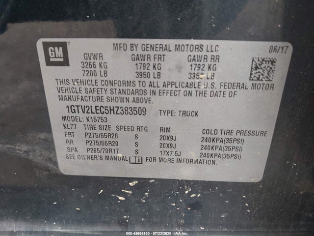 2017 Gmc Sierra 1500 მანქანა იყიდება აუქციონზე, vin: 1GTV2LEC5HZ383509, აუქციონის ნომერი: 45694160