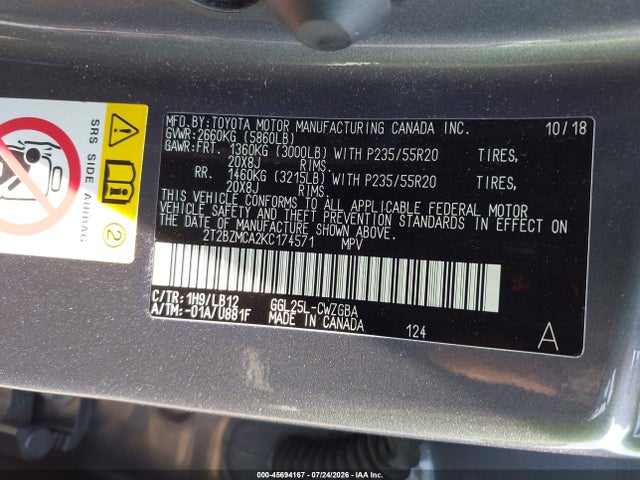 45694167 :رقم المزاد ، 2T2BZMCA2KC174571 vin ، 2019 Lexus Rx 350 مزاد بيع