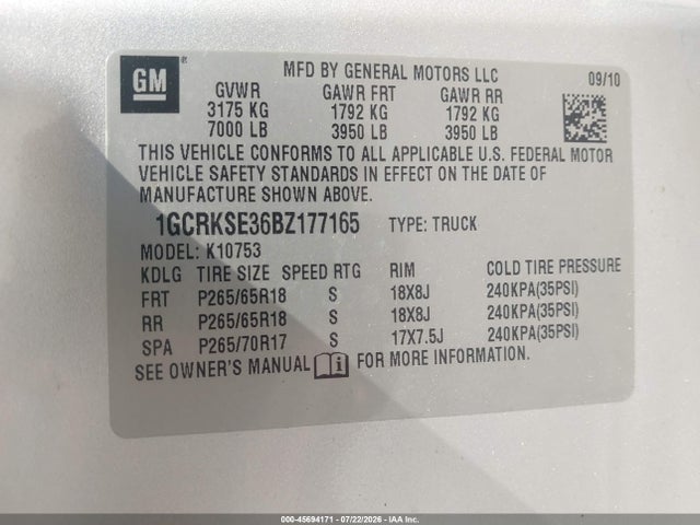 2011 Chevrolet Silverado 1500 Lt მანქანა იყიდება აუქციონზე, vin: 1GCRKSE36BZ177165, აუქციონის ნომერი: 45694171