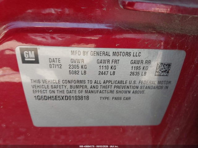 Продажа на аукционе авто 2013 Cadillac Cts Luxury, vin: 1G6DH5E5XD0103818, номер лота: 45694175