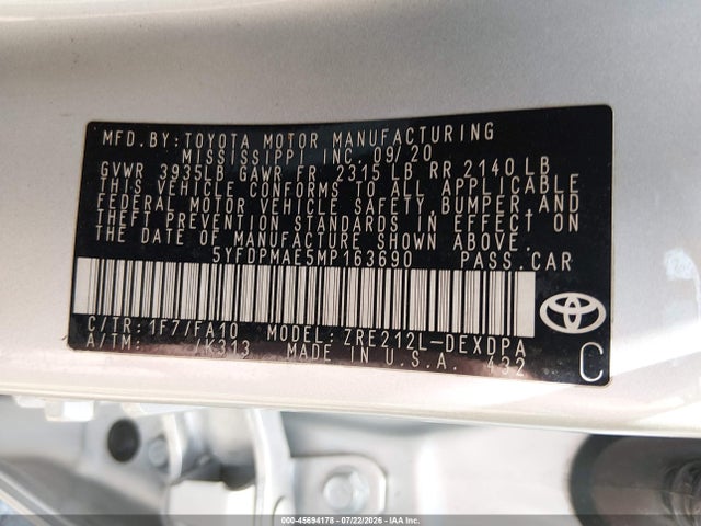 Продажа на аукционе авто 2021 Toyota Corolla L, vin: 5YFDPMAE5MP163690, номер лота: 45694178