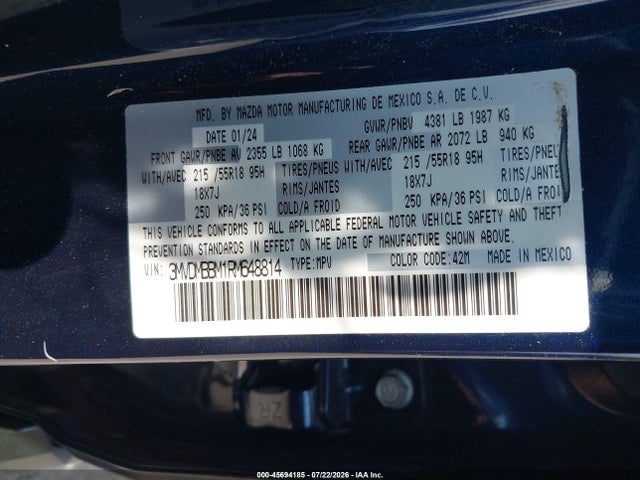 45694185 :رقم المزاد ، 3MVDMBBM1RM648814 vin ، 2024 Mazda Cx-30 2.5 S Select Sport مزاد بيع
