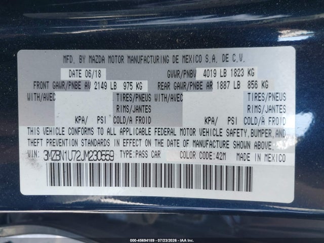 Продаж на аукціоні авто 2018 Mazda Mazda3 Sport, vin: 3MZBN1U72JM230559, номер лоту: 45694189