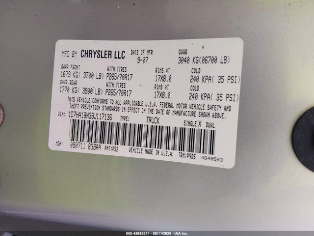 Aukcja sprzedaży 2008 Dodge Ram 1500 St/sxt, vin: 1D7HA18N38J117136, numer aukcji: 45694211