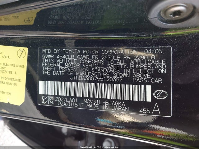 Aukcja sprzedaży 2005 Lexus Es 330, vin: JTHBA30G755120357, numer aukcji: 45694219