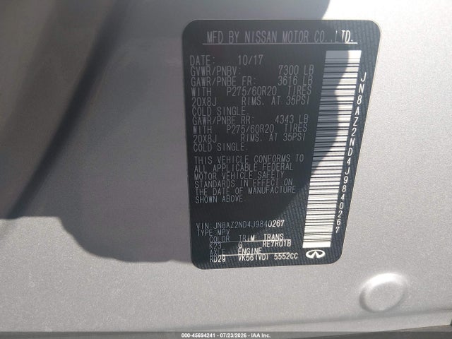 2018 Infiniti Qx80 მანქანა იყიდება აუქციონზე, vin: JN8AZ2ND4J9840267, აუქციონის ნომერი: 45694241