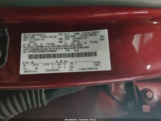 2019 Ford F-150 Lariat მანქანა იყიდება აუქციონზე, vin: 1FTEW1E58KFC46468, აუქციონის ნომერი: 45694245