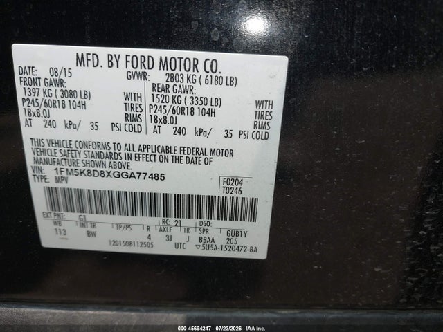 1FM5K8D8XGGA77485 Ford EXPLORER XLT