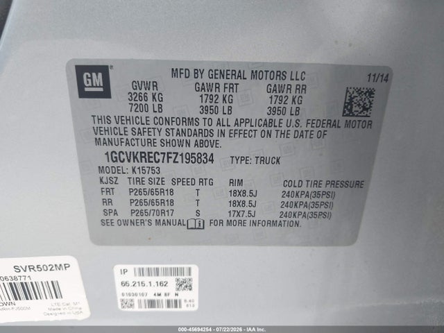 1GCVKREC7FZ195834 Chevrolet Silverado 1500 Lt
