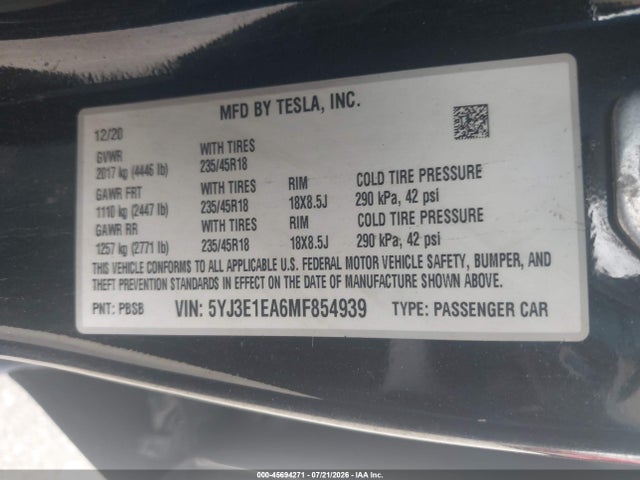 45694271 :رقم المزاد ، 5YJ3E1EA6MF854939 vin ، 2021 Tesla Model 3 Standard Range Plus Rear-wheel Drive مزاد بيع
