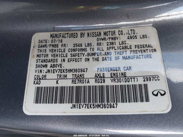 45694286 :رقم المزاد ، JN1EV7EK5HM360947 vin ، 2017 Infiniti Q60 3.0t Premium مزاد بيع