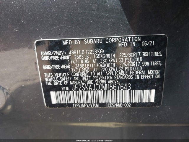 45694290 :رقم المزاد ، JF2SKAJC0MH567643 vin ، 2021 Subaru Forester Premium مزاد بيع