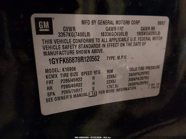 45694294 :رقم المزاد ، 1GYFK66878R120562 vin ، 2008 Cadillac Escalade Esv مزاد بيع