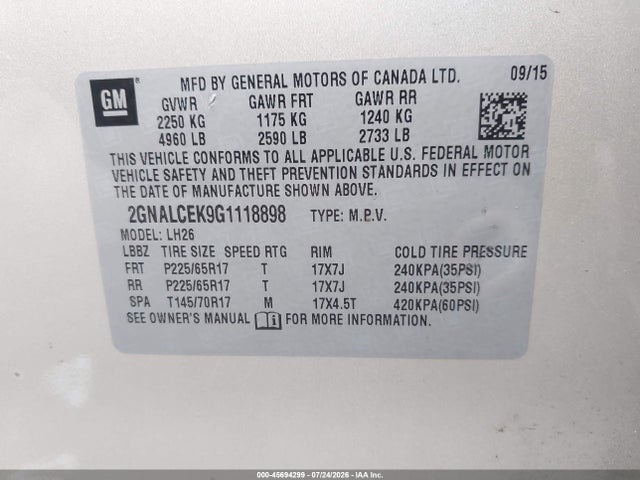 2016 Chevrolet Equinox Lt მანქანა იყიდება აუქციონზე, vin: 2GNALCEK9G1118898, აუქციონის ნომერი: 45694299