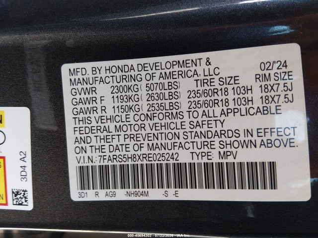 45694302 :رقم المزاد ، 7FARS5H8XRE025242 vin ، 2024 Honda Cr-v Hybrid Sport-l مزاد بيع
