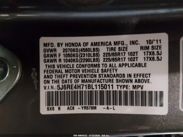 45694322 :رقم المزاد ، 5J6RE4H71BL115011 vin ، 2011 Honda Cr-v Ex-l مزاد بيع