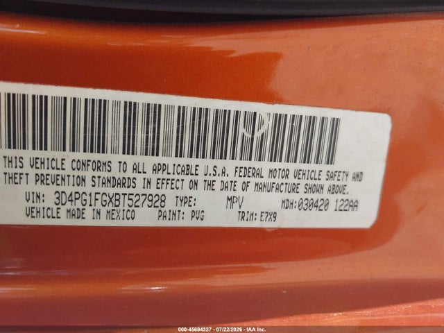 Продажа на аукционе авто 2011 Dodge Journey Mainstreet, vin: 3D4PG1FGXBT527928, номер лота: 45694327