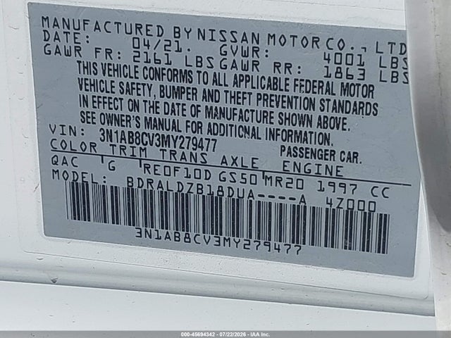 Aukcja sprzedaży 2021 Nissan Sentra Sv Xtronic Cvt, vin: 3N1AB8CV3MY279477, numer aukcji: 45694342