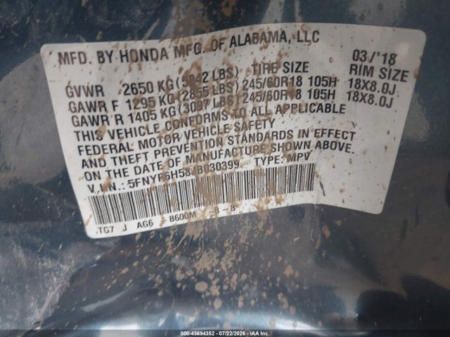 5FNYF6H58JB030399 Honda Pilot Ex-l