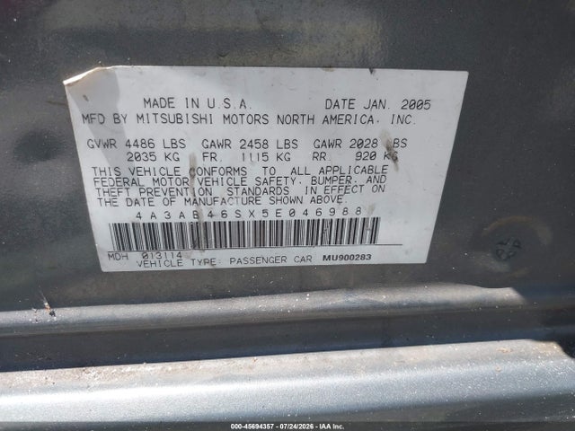 2005 Mitsubishi Galant Ls მანქანა იყიდება აუქციონზე, vin: 4A3AB46SX5E046988, აუქციონის ნომერი: 45694357