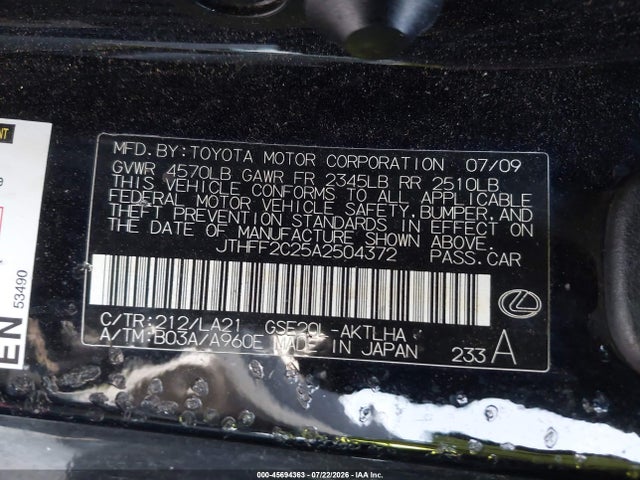 45694363 :رقم المزاد ، JTHFF2C25A2504372 vin ، 2010 Lexus Is 250c مزاد بيع