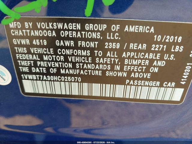 1VWBT7A30HC025070 Volkswagen Passat 1.8t Se