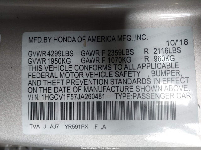 45694366 :رقم المزاد ، 1HGCV1F57JA260481 vin ، 2018 Honda Accord Ex-l مزاد بيع