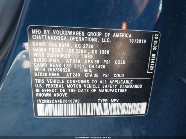 Aukcja sprzedaży 2019 Volkswagen Atlas 3.6l V6 Sel Premium, vin: 1V2NR2CA4KC610799, numer aukcji: 45694390