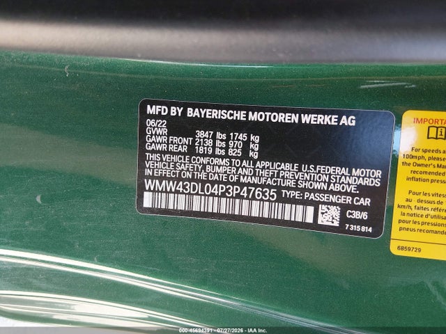 2023 Mini Convertible Cooper S მანქანა იყიდება აუქციონზე, vin: WMW43DL04P3P47635, აუქციონის ნომერი: 45694391