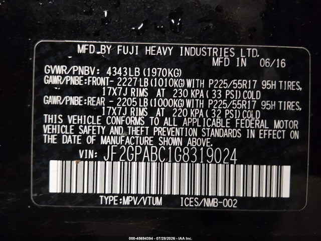 2016 Subaru Crosstrek 2.0i Premium მანქანა იყიდება აუქციონზე, vin: JF2GPABC1G8319024, აუქციონის ნომერი: 45694394