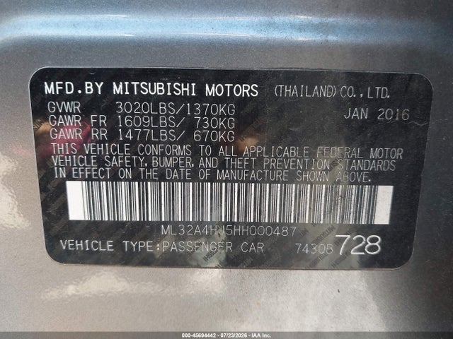 45694442 :رقم المزاد ، ML32A4HJ5HH000487 vin ، 2017 Mitsubishi Mirage Se مزاد بيع
