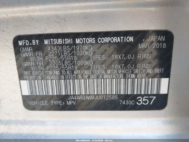Aukcja sprzedaży 2018 Mitsubishi Outlander Sport 2.4 Se, vin: JA4AR3AW9JU012585, numer aukcji: 45694443