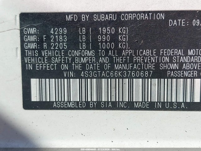 45694449 :رقم المزاد ، 4S3GTAC66K3760687 vin ، 2019 Subaru Impreza 2.0i Premium مزاد بيع