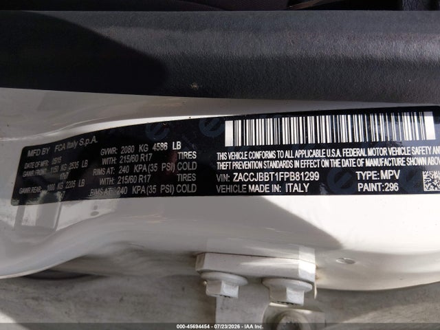 2015 Jeep Renegade Latitude მანქანა იყიდება აუქციონზე, vin: ZACCJBBT1FPB81299, აუქციონის ნომერი: 45694454
