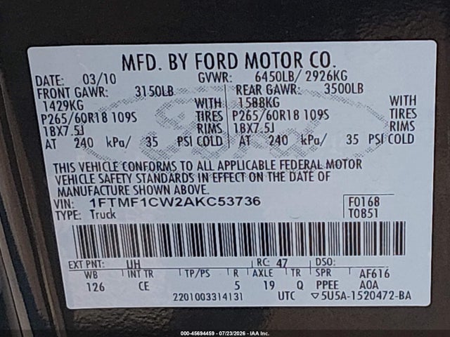 Aukcja sprzedaży 2010 Ford F-150 Stx, vin: 1FTMF1CW2AKC53736, numer aukcji: 45694459